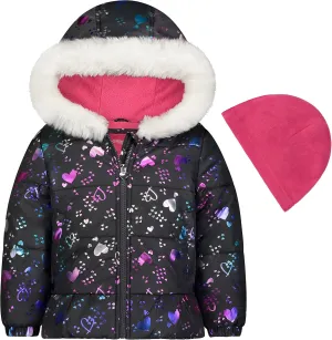 LONDON FOG Girls Toddler Quilted Puffer Winter Jacket With Fleece Hat