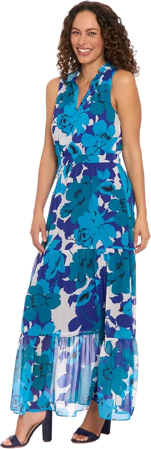London Times Women's Sleeveless V-Neck Tiered Maxi Floral Chiffon Print Elastic Waist Formal Wedding Guest Summer Dress