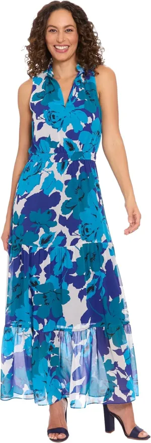 London Times Women's Sleeveless V-Neck Tiered Maxi Floral Chiffon Print Elastic Waist Formal Wedding Guest Summer Dress