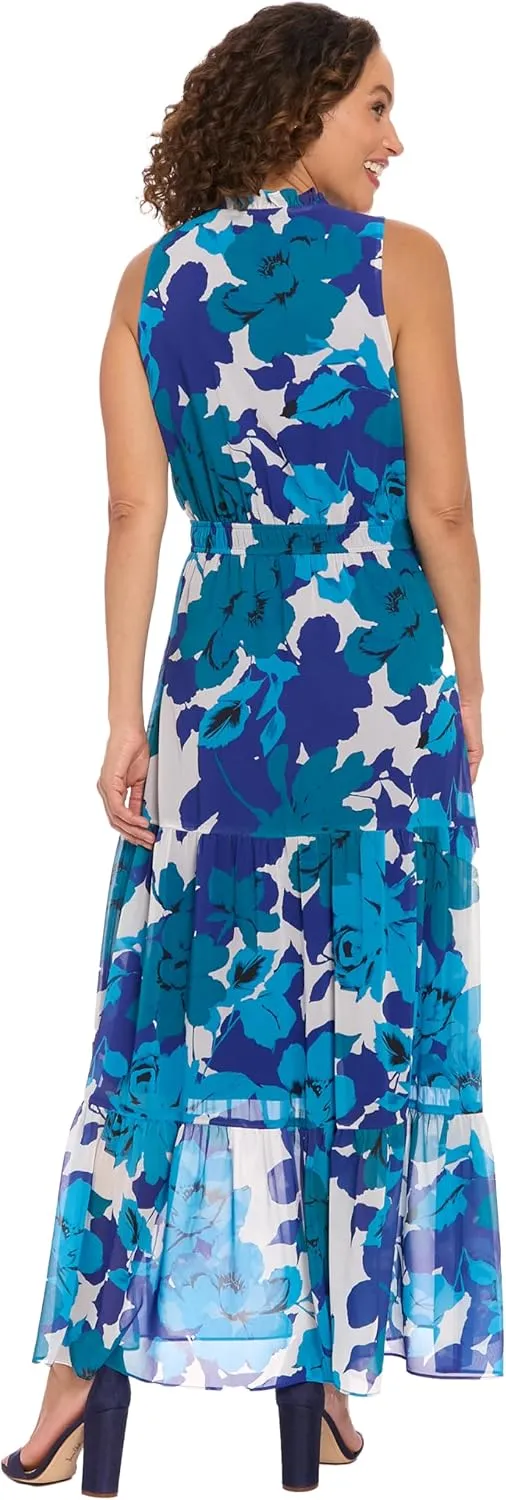 London Times Women's Sleeveless V-Neck Tiered Maxi Floral Chiffon Print Elastic Waist Formal Wedding Guest Summer Dress