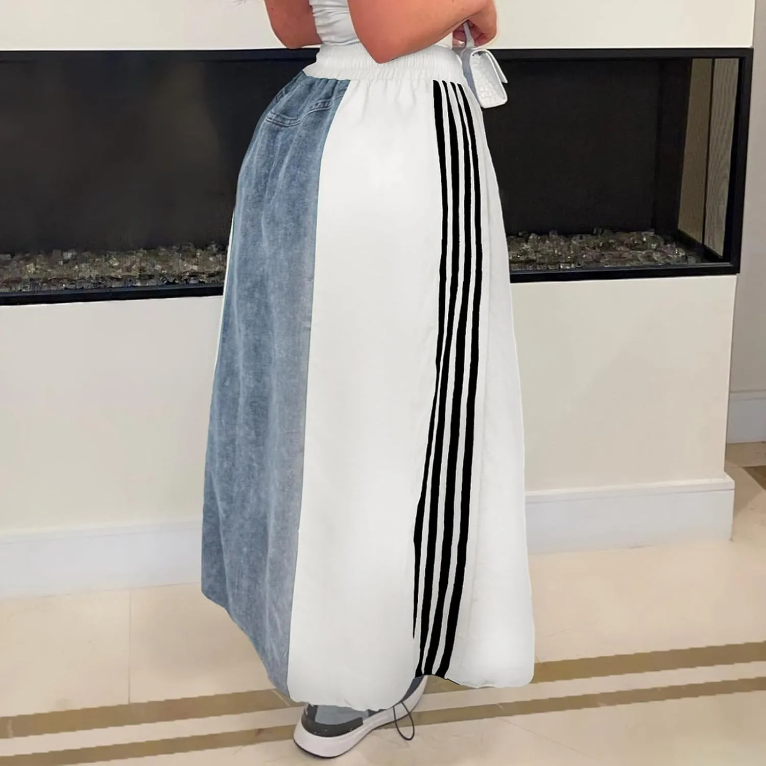 Long Jean Skirt for Women Plus Size High Waisted Stretchy A Line Denim Skirt Patchwork Stripe Maxi Denim Skirts