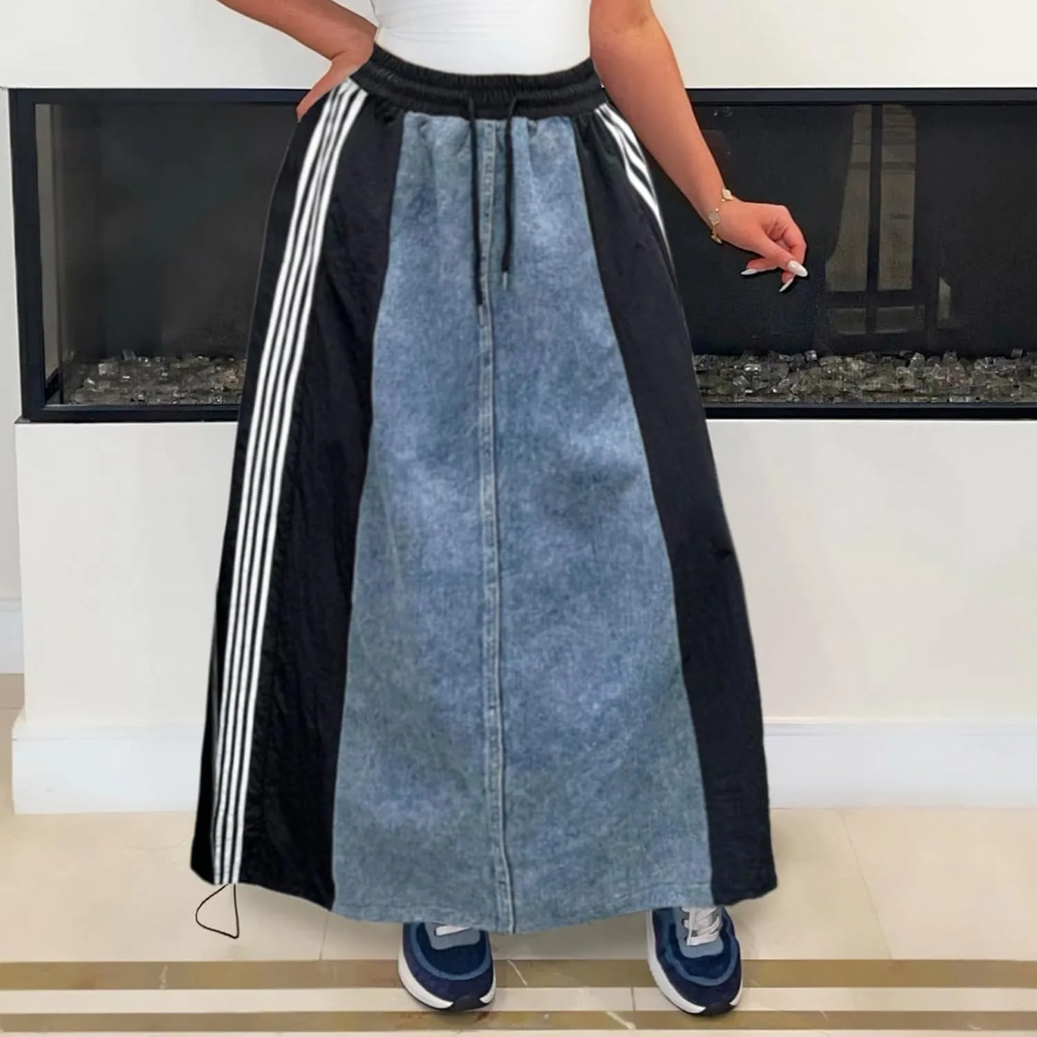 Long Jean Skirt for Women Plus Size High Waisted Stretchy A Line Denim Skirt Patchwork Stripe Maxi Denim Skirts
