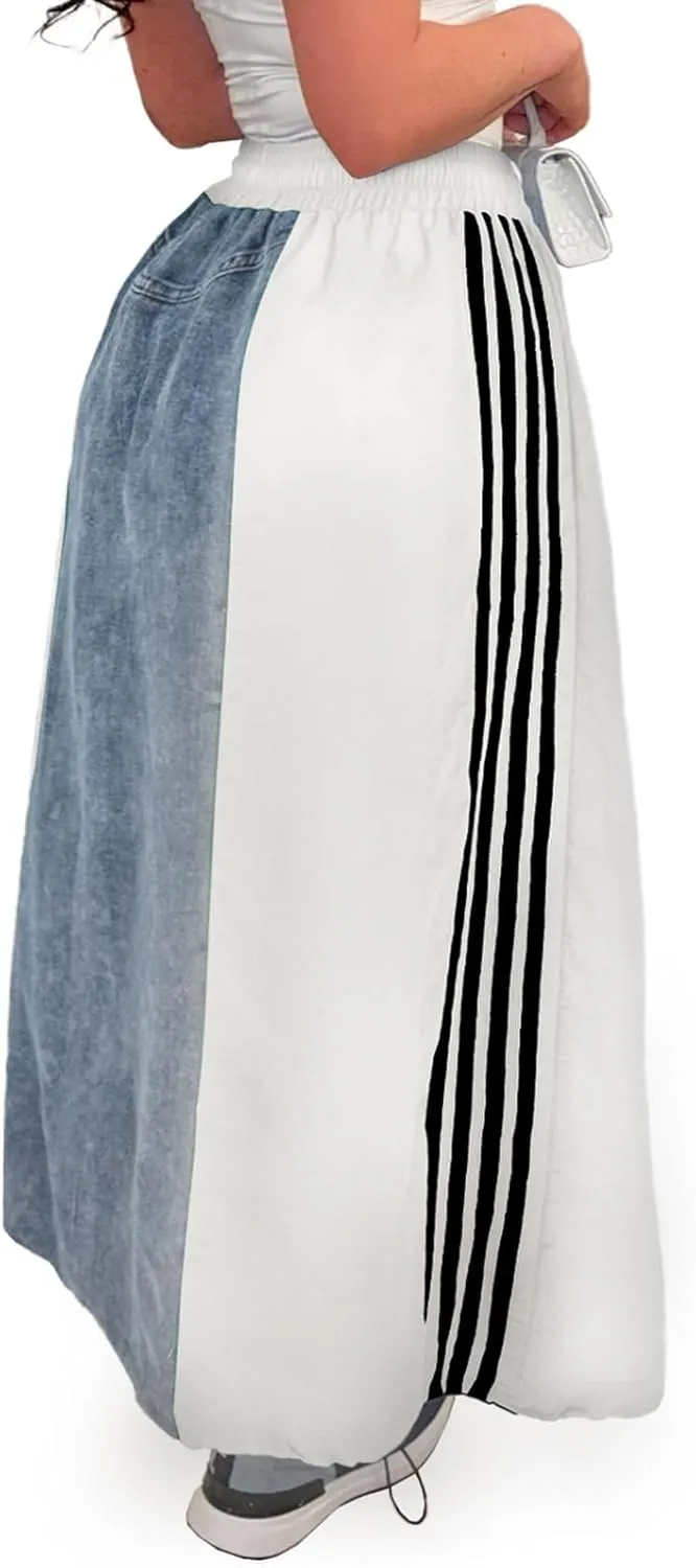Long Jean Skirt for Women Plus Size High Waisted Stretchy A Line Denim Skirt Patchwork Stripe Maxi Denim Skirts