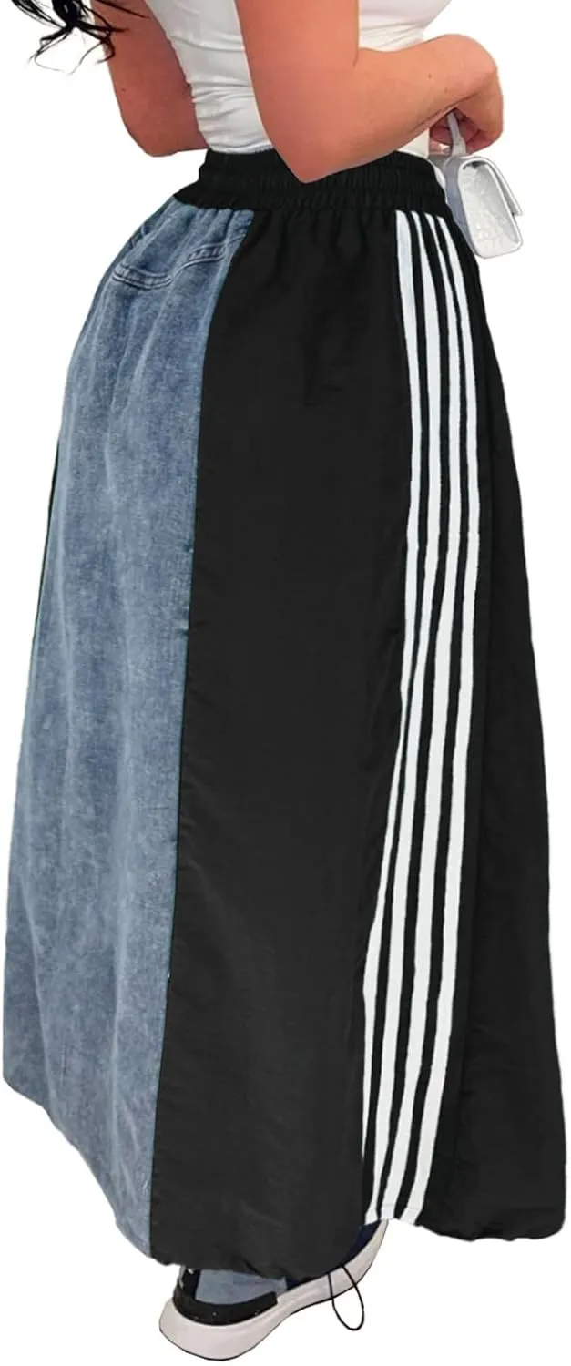 Long Jean Skirt for Women Plus Size High Waisted Stretchy A Line Denim Skirt Patchwork Stripe Maxi Denim Skirts