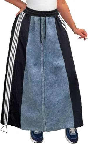 Long Jean Skirt for Women Plus Size High Waisted Stretchy A Line Denim Skirt Patchwork Stripe Maxi Denim Skirts