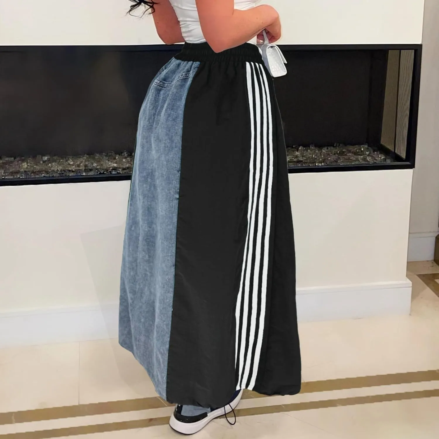 Long Jean Skirt for Women Plus Size High Waisted Stretchy A Line Denim Skirt Patchwork Stripe Maxi Denim Skirts