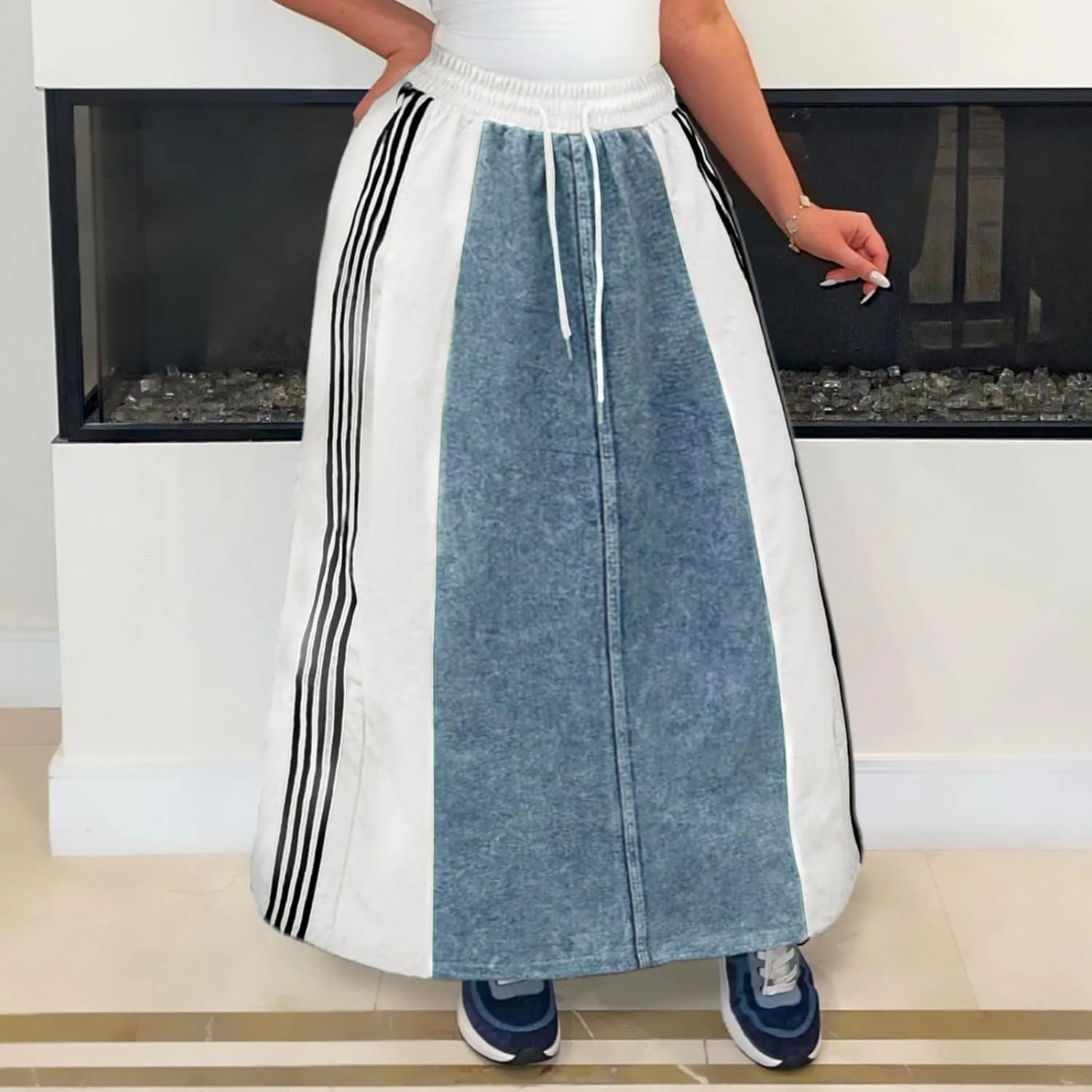Long Jean Skirt for Women Plus Size High Waisted Stretchy A Line Denim Skirt Patchwork Stripe Maxi Denim Skirts