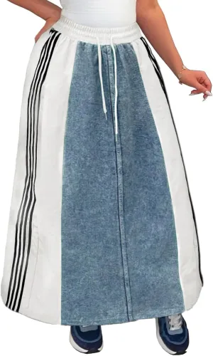 Long Jean Skirt for Women Plus Size High Waisted Stretchy A Line Denim Skirt Patchwork Stripe Maxi Denim Skirts