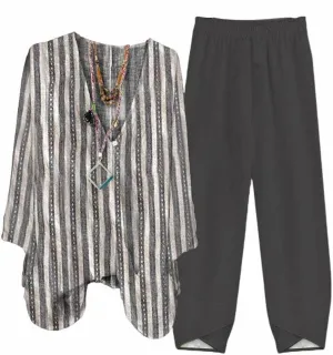 Lounge Sets for Women 2025 Spring Casual 2 Piece Outfits Striped Print Shirts Cropped Pants Matching Sets Tracksuits
