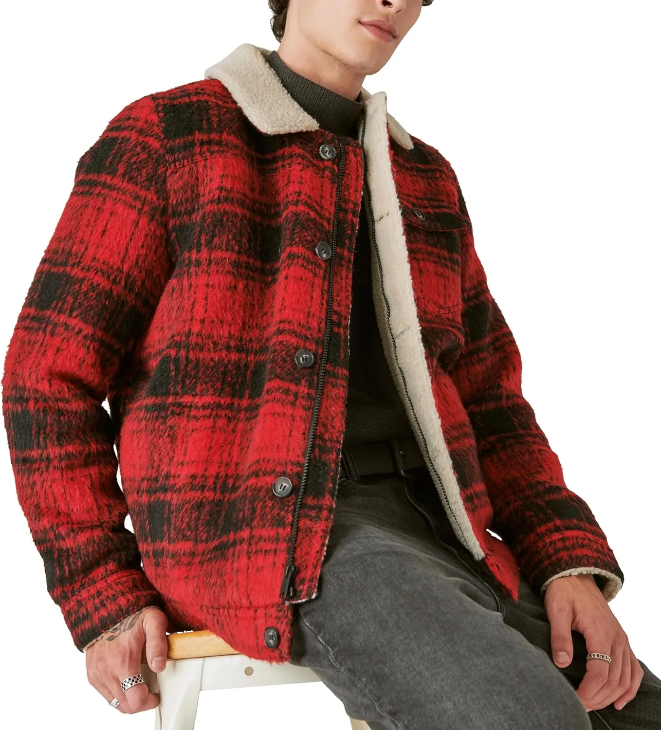 Lucky Brand Men's Plaid Faux Shearling Lined Trucker Jacket