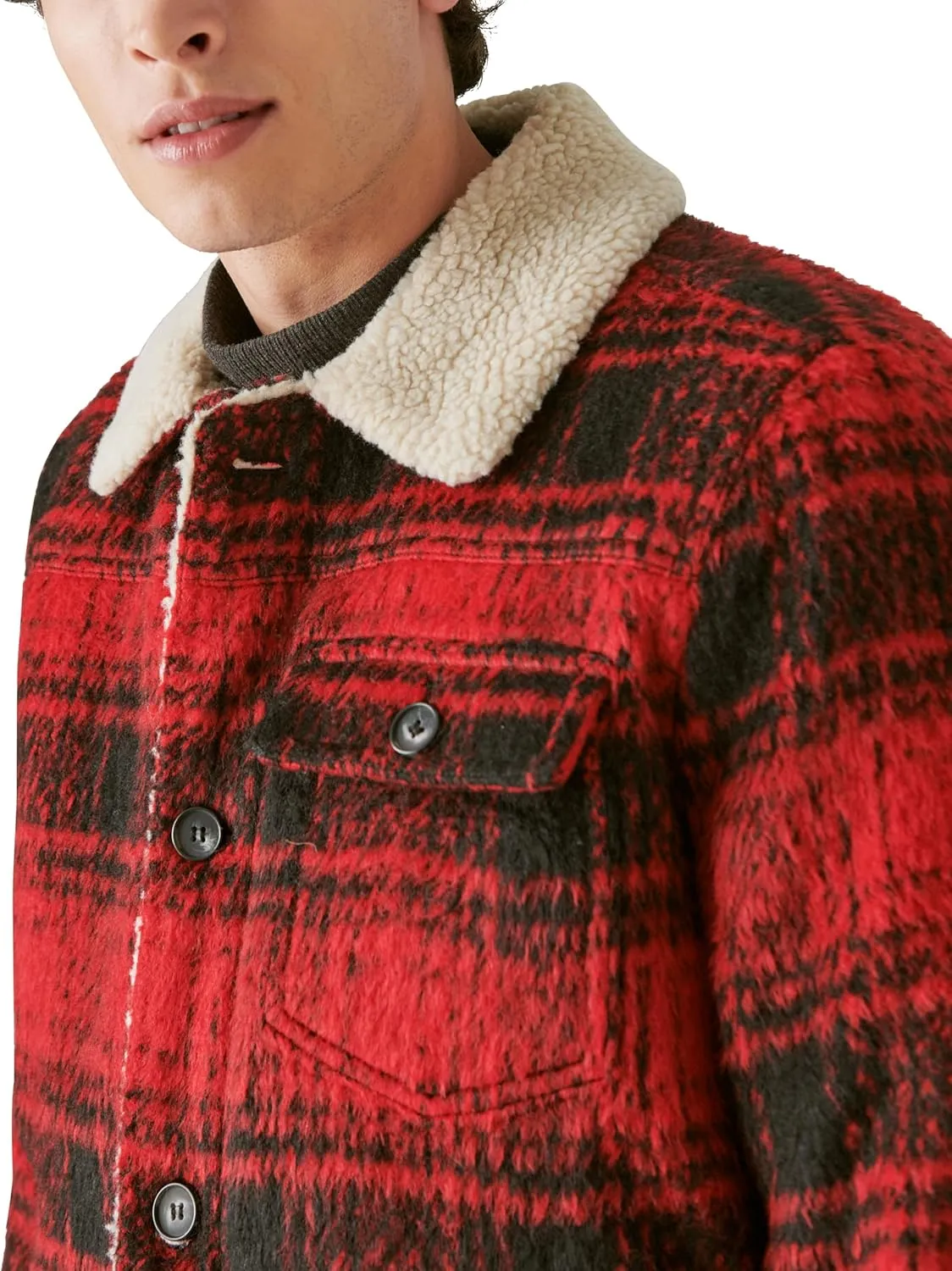 Lucky Brand Men's Plaid Faux Shearling Lined Trucker Jacket