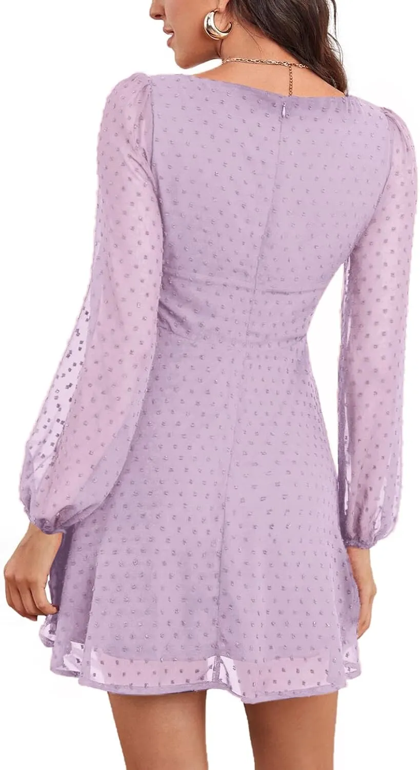 LYANER Women's Polka Dots Square Neck A line Long Sleeve Swiss Dots Mini Dress