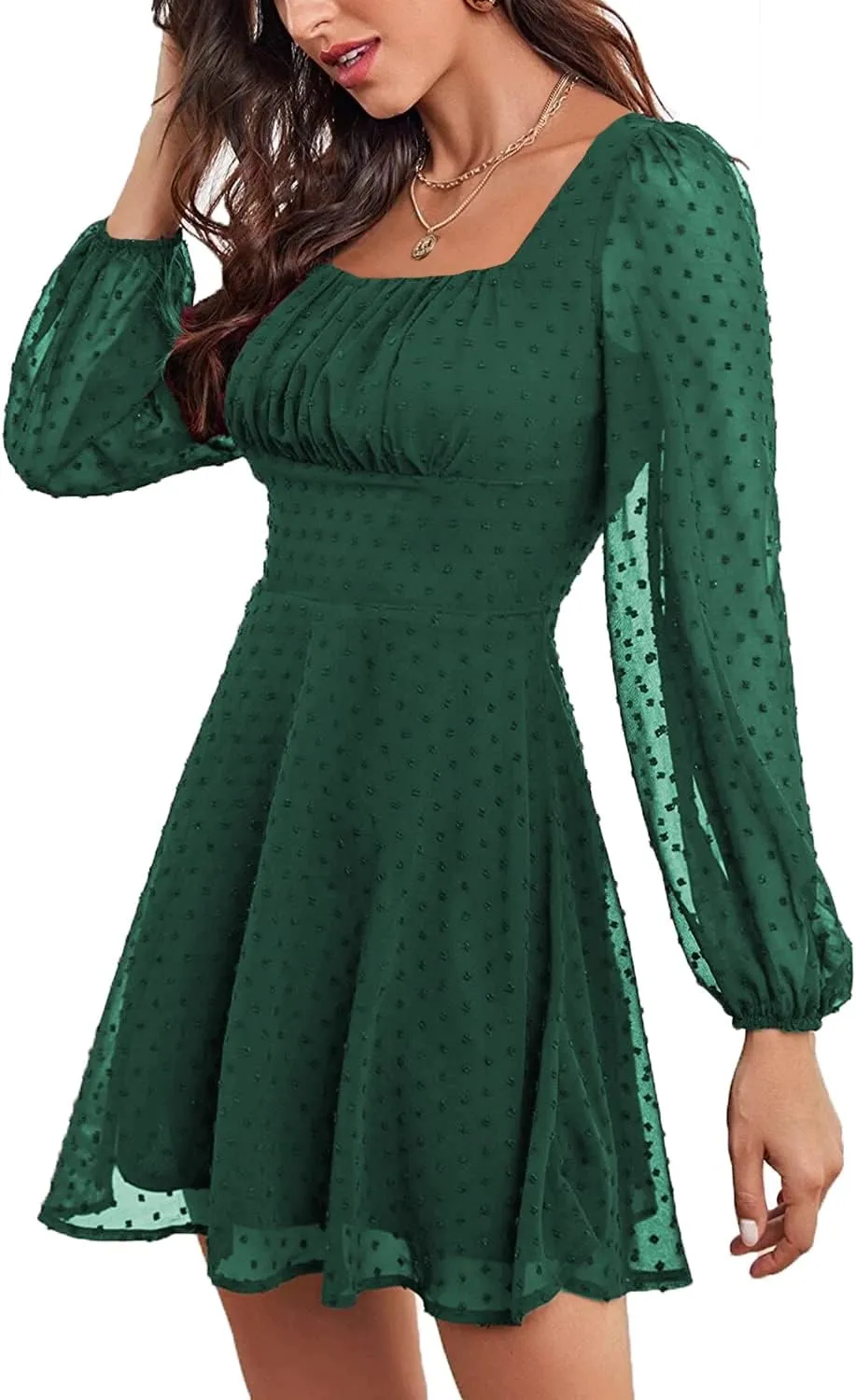 LYANER Women's Polka Dots Square Neck A line Long Sleeve Swiss Dots Mini Dress
