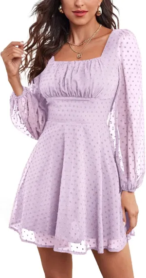 LYANER Women's Polka Dots Square Neck A line Long Sleeve Swiss Dots Mini Dress