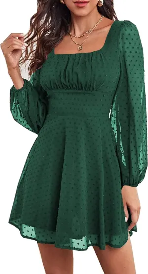 LYANER Women's Polka Dots Square Neck A line Long Sleeve Swiss Dots Mini Dress