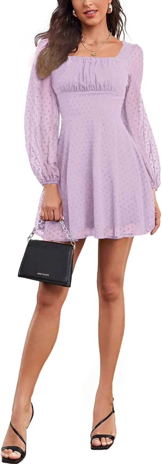 LYANER Women's Polka Dots Square Neck A line Long Sleeve Swiss Dots Mini Dress