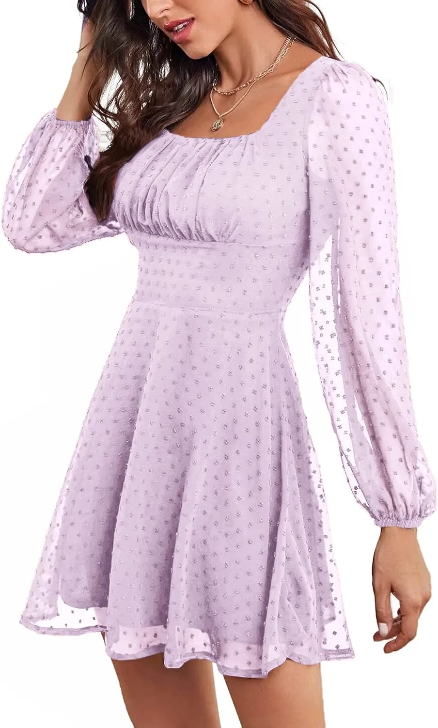 LYANER Women's Polka Dots Square Neck A line Long Sleeve Swiss Dots Mini Dress