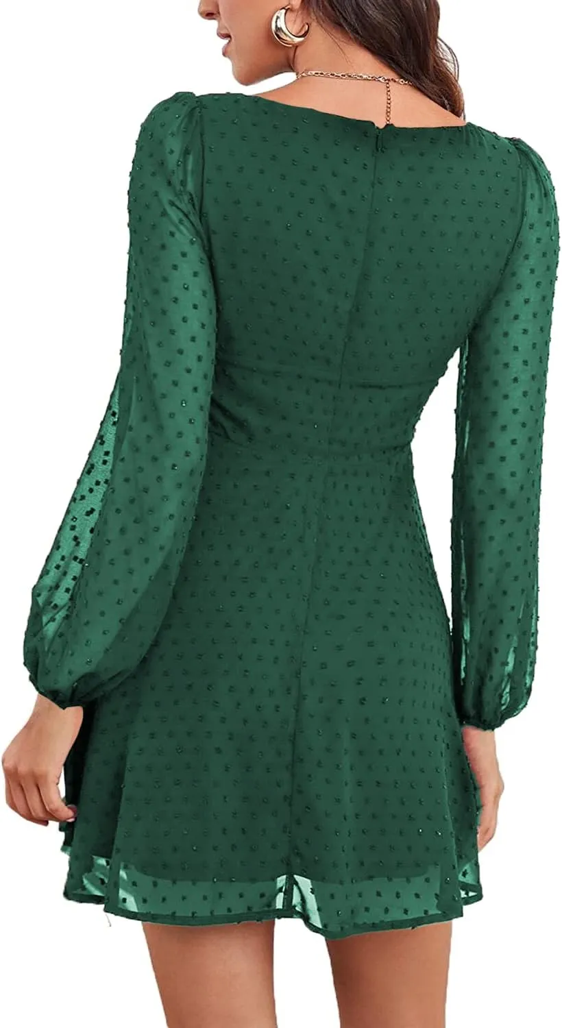 LYANER Women's Polka Dots Square Neck A line Long Sleeve Swiss Dots Mini Dress