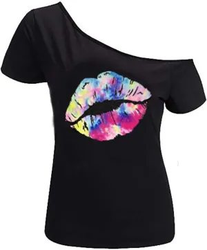 MAGICMK Womens Short Lips Print Causal Off The Shoulder Plus Size T-Shirt Tops