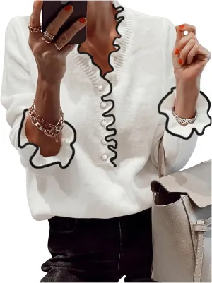 MakeMeChic Women's Pearl Beaded Long Sleeve Sweater V Neck Ruffle Trim Knitted Pullover Tops
