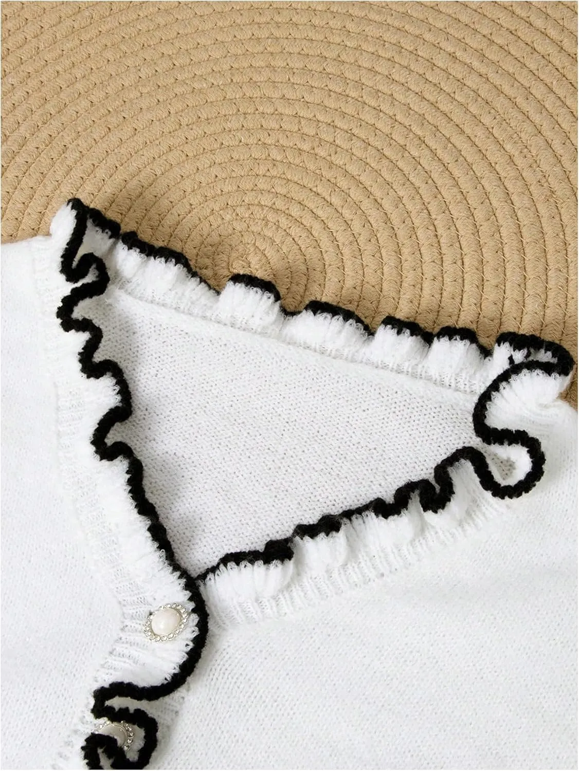 MakeMeChic Women's Pearl Beaded Long Sleeve Sweater V Neck Ruffle Trim Knitted Pullover Tops