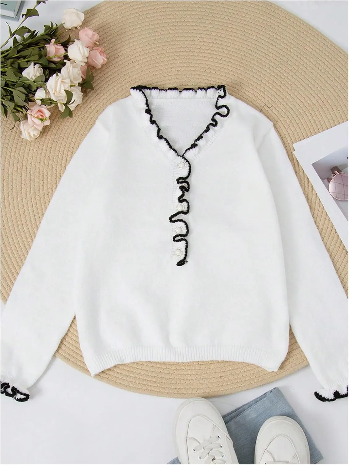 MakeMeChic Women's Pearl Beaded Long Sleeve Sweater V Neck Ruffle Trim Knitted Pullover Tops