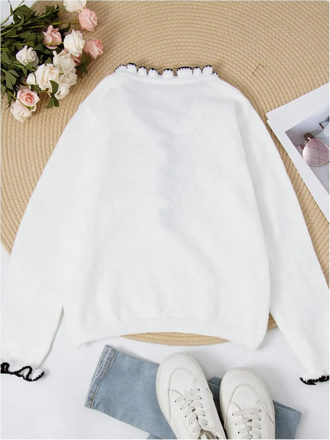MakeMeChic Women's Pearl Beaded Long Sleeve Sweater V Neck Ruffle Trim Knitted Pullover Tops
