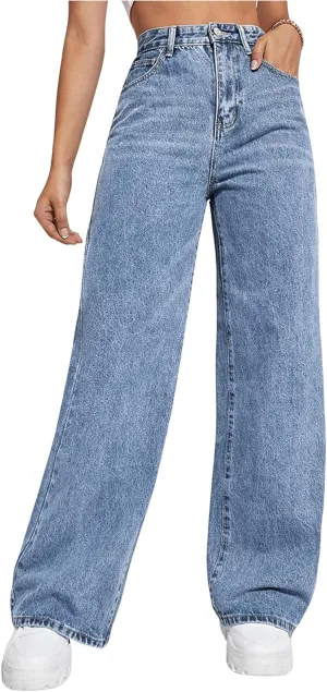 MakeMeChic Women's Wide Leg Jeans Bottoms Zip Fly Button Front Denim Pants with Pocket