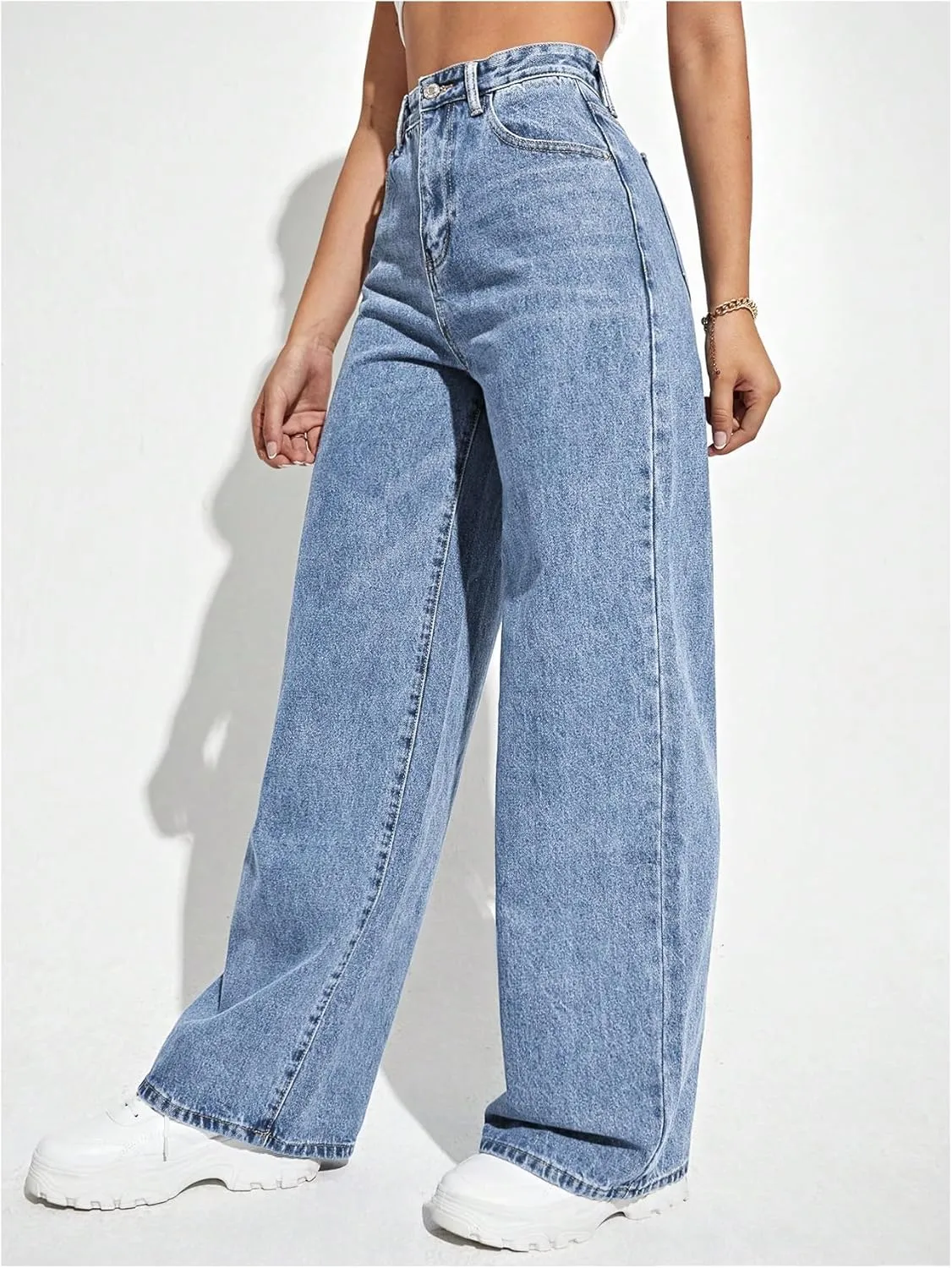 MakeMeChic Women's Wide Leg Jeans Bottoms Zip Fly Button Front Denim Pants with Pocket