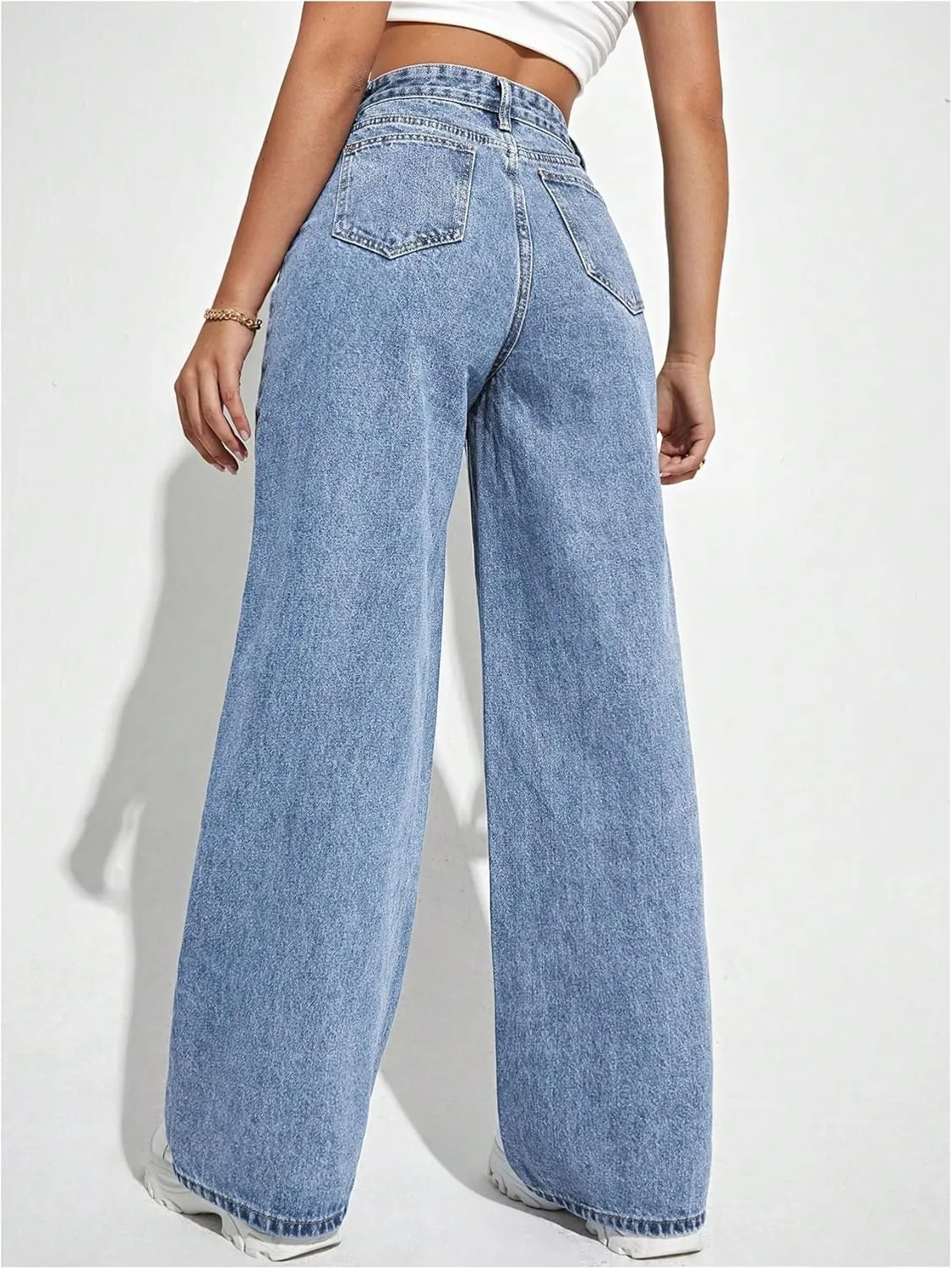 MakeMeChic Women's Wide Leg Jeans Bottoms Zip Fly Button Front Denim Pants with Pocket