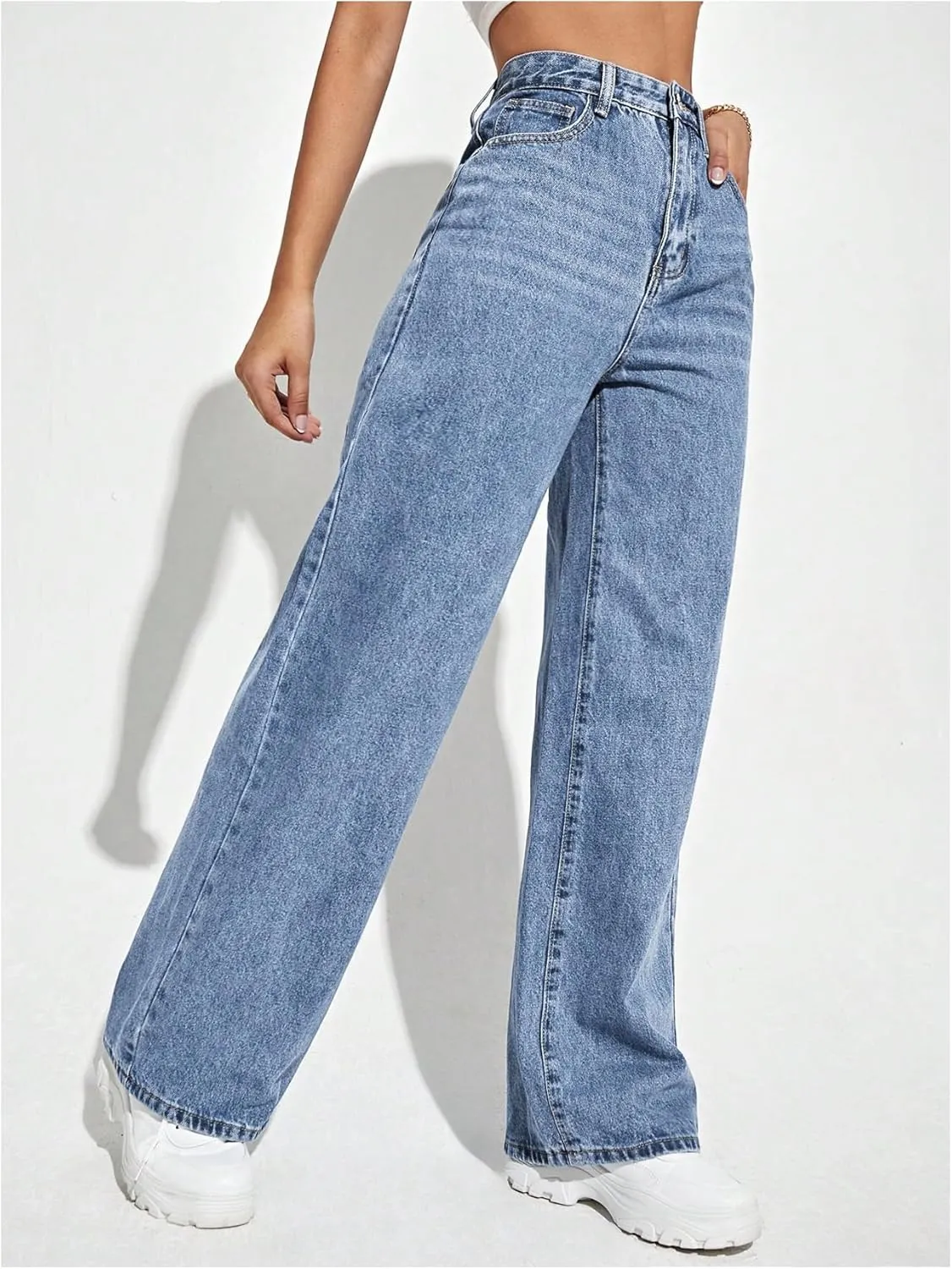 MakeMeChic Women's Wide Leg Jeans Bottoms Zip Fly Button Front Denim Pants with Pocket