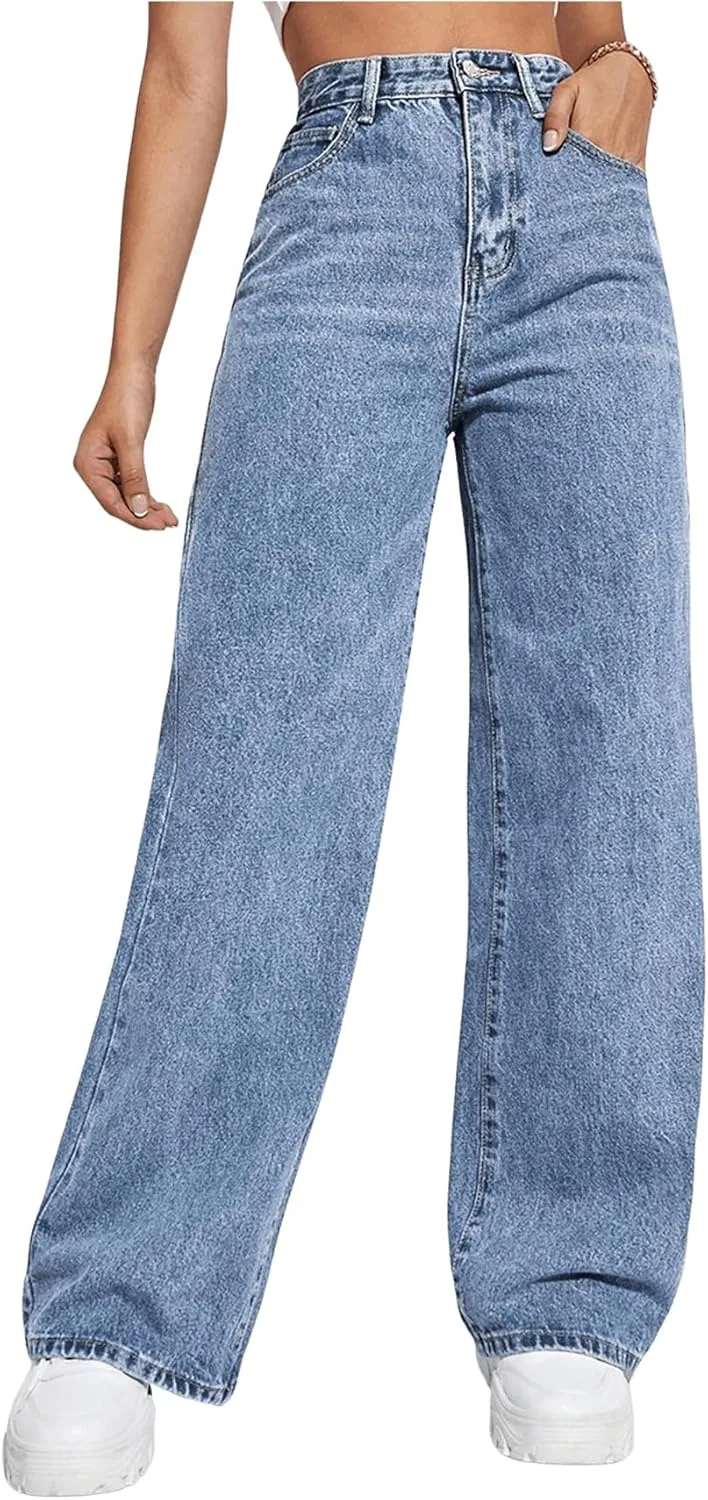 MakeMeChic Women's Wide Leg Jeans Bottoms Zip Fly Button Front Denim Pants with Pocket