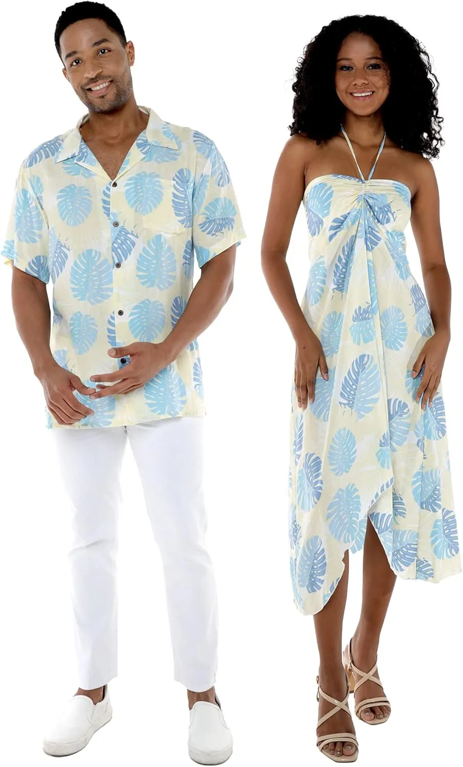 Matchable Couple Hawaiian Luau Shirt or Butterfly Dress in Pacific Palm Cream