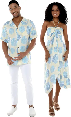 Matchable Couple Hawaiian Luau Shirt or Butterfly Dress in Pacific Palm Cream