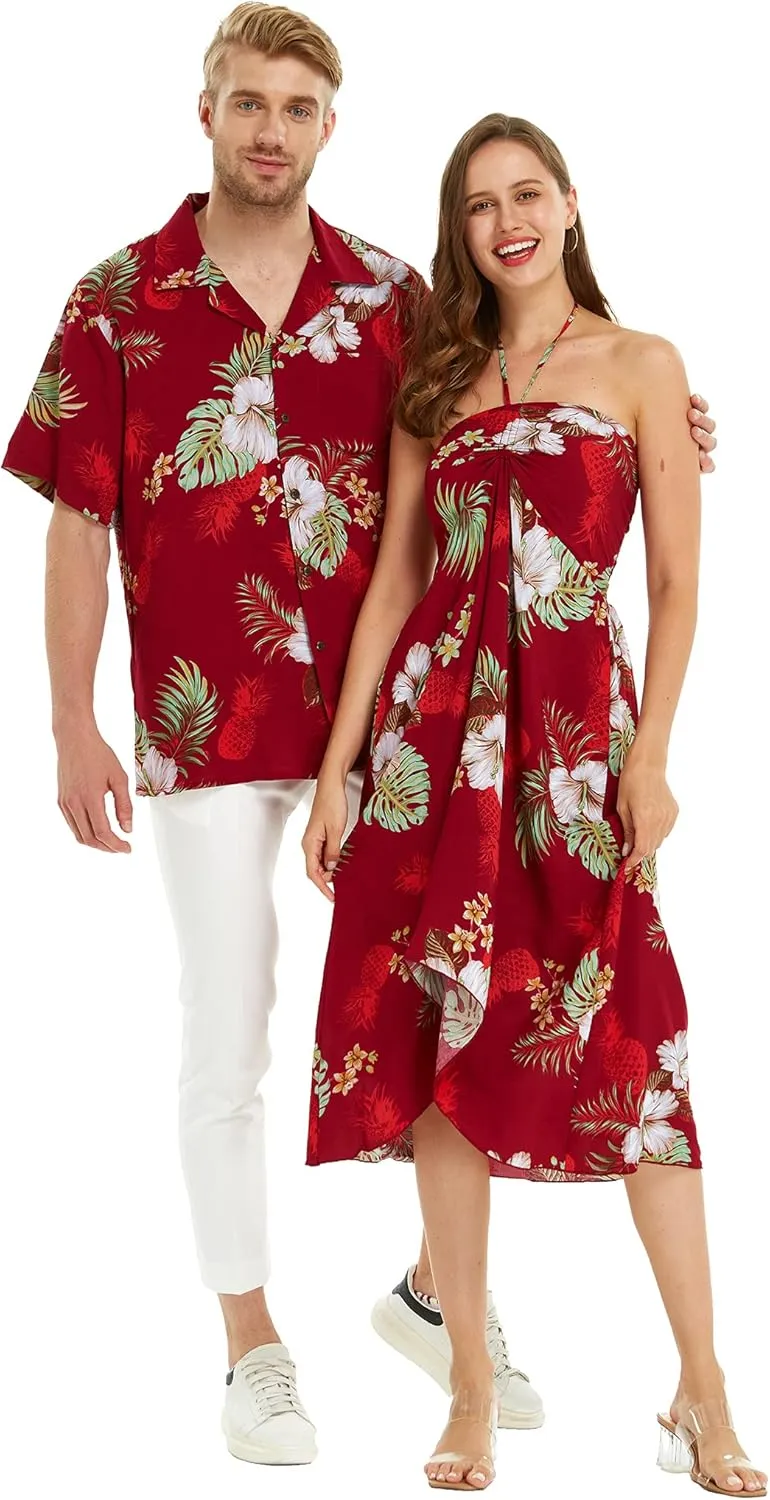 Matchable Couple Hawaiian Luau Shirt or Butterfly Dress in Pineapple Garden Burgundy
