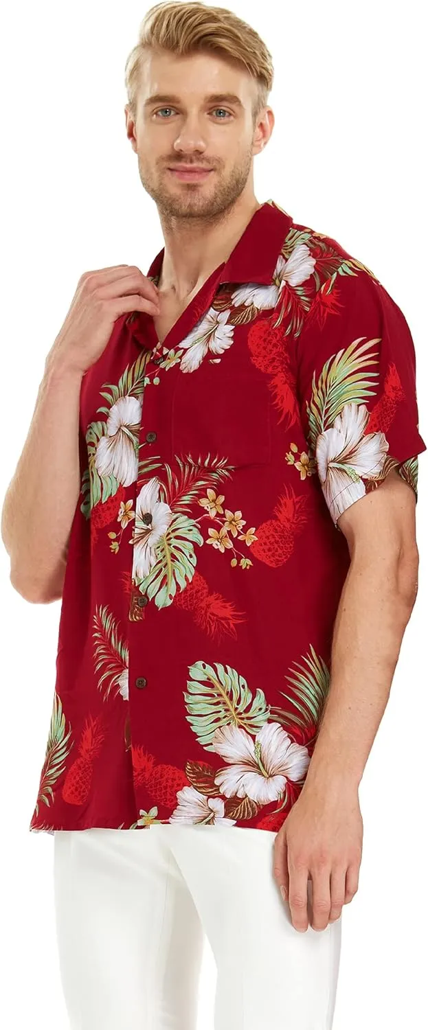 Matchable Couple Hawaiian Luau Shirt or Butterfly Dress in Pineapple Garden Burgundy