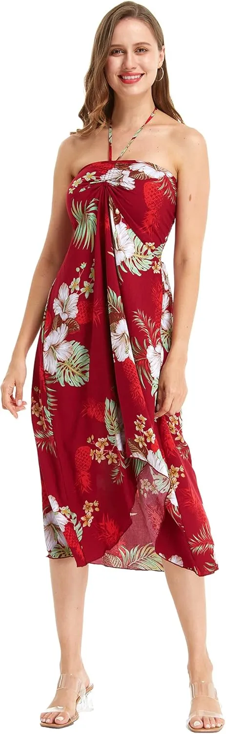 Matchable Couple Hawaiian Luau Shirt or Butterfly Dress in Pineapple Garden Burgundy