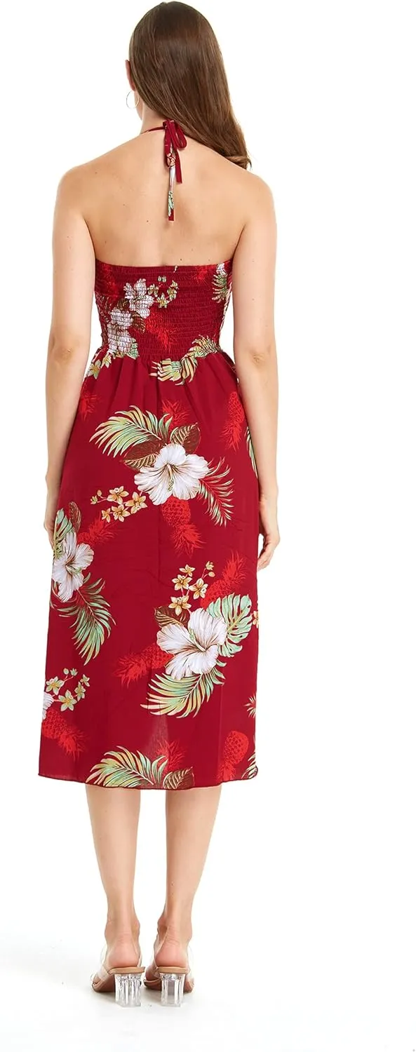 Matchable Couple Hawaiian Luau Shirt or Butterfly Dress in Pineapple Garden Burgundy