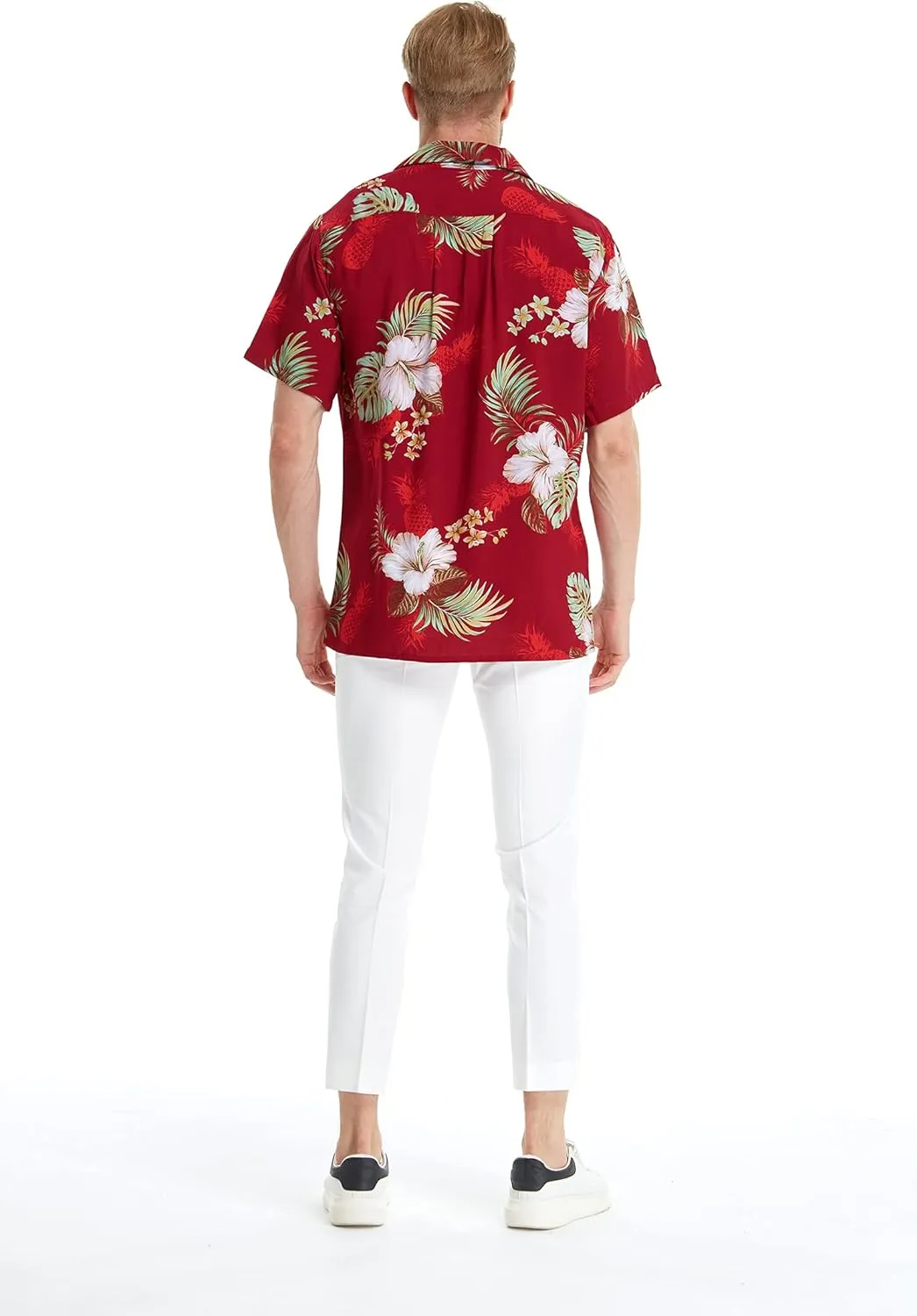 Matchable Couple Hawaiian Luau Shirt or Butterfly Dress in Pineapple Garden Burgundy