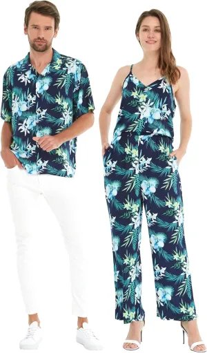 Matchable Couple Hawaiian Luau Shirt or V-Neck Jumpsuit with Pockets in Orchid Breeze Navy
