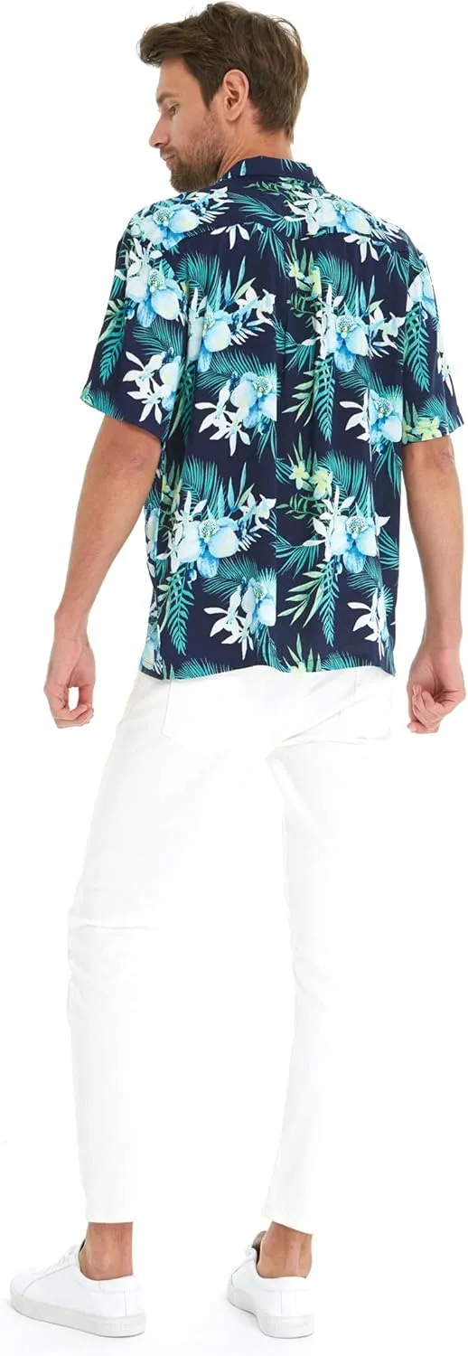 Matchable Couple Hawaiian Luau Shirt or V-Neck Jumpsuit with Pockets in Orchid Breeze Navy
