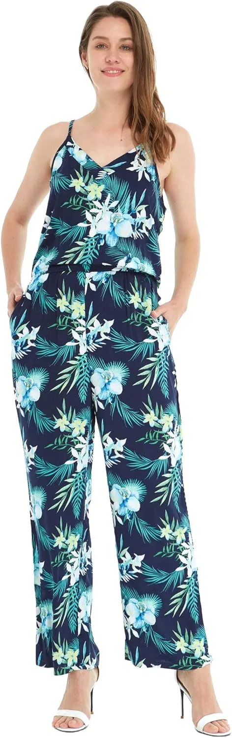 Matchable Couple Hawaiian Luau Shirt or V-Neck Jumpsuit with Pockets in Orchid Breeze Navy