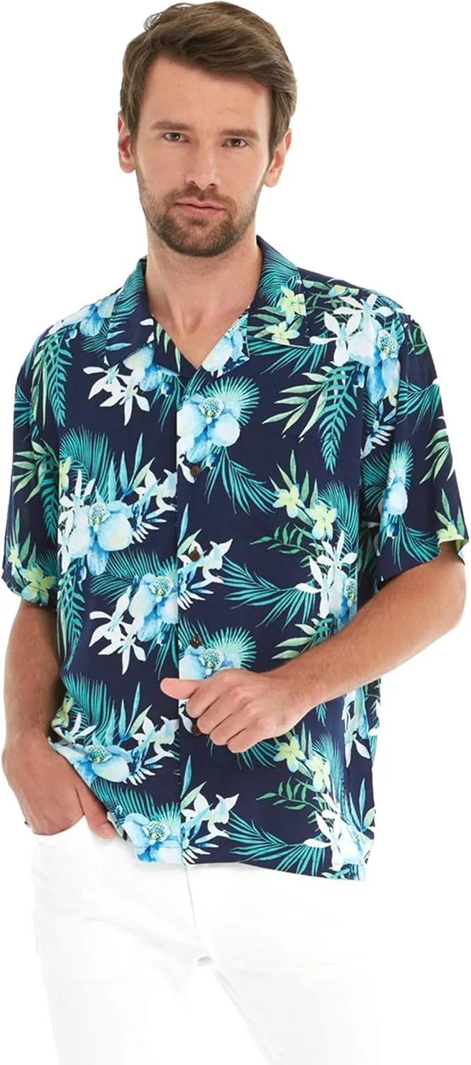 Matchable Couple Hawaiian Luau Shirt or V-Neck Jumpsuit with Pockets in Orchid Breeze Navy