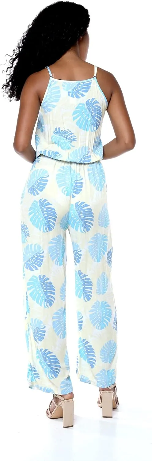 Matchable Couple Hawaiian Luau Shirt or V-Neck Jumpsuit with Pockets in Pacific Palm Cream