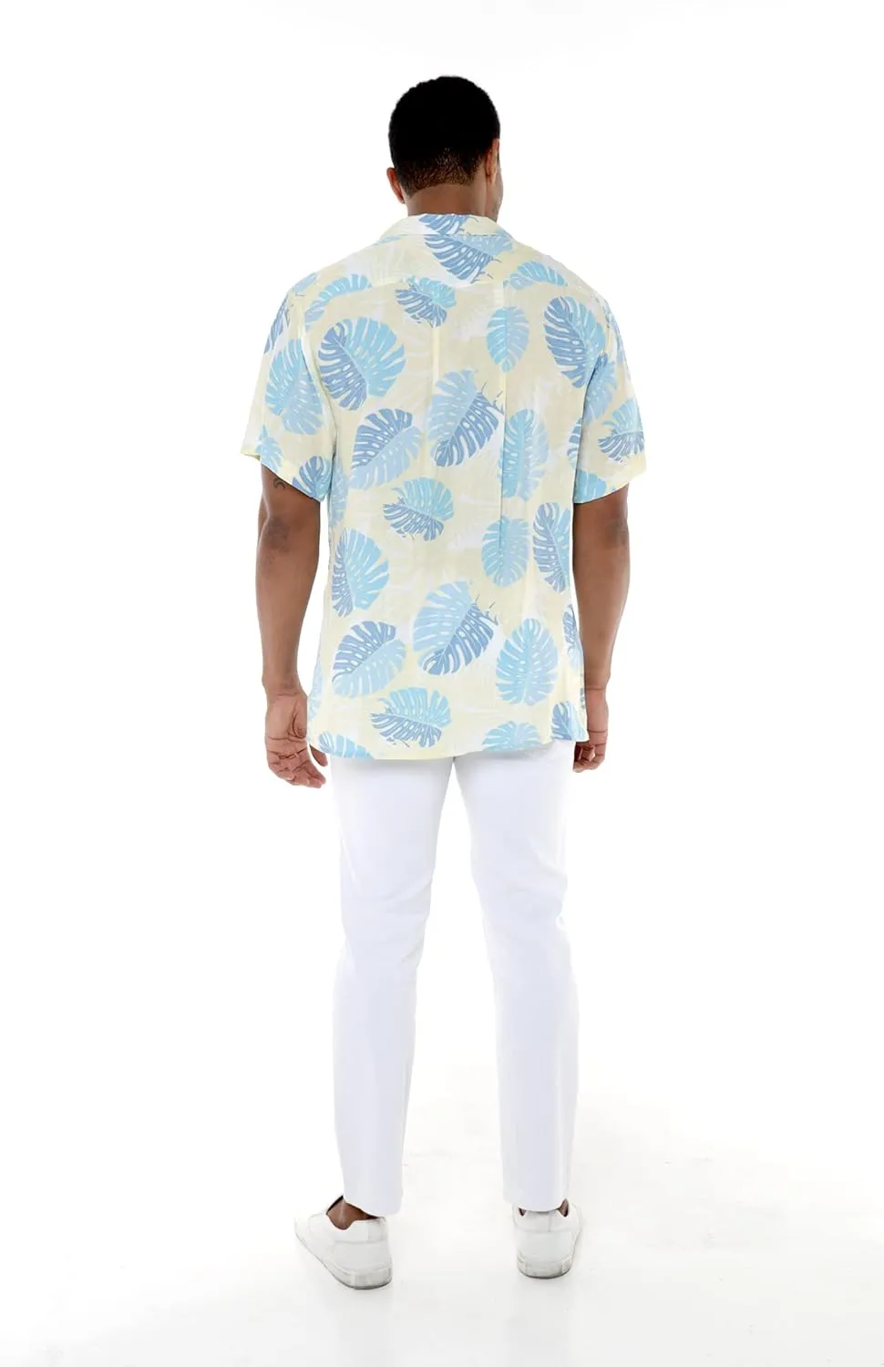 Matchable Couple Hawaiian Luau Shirt or V-Neck Jumpsuit with Pockets in Pacific Palm Cream