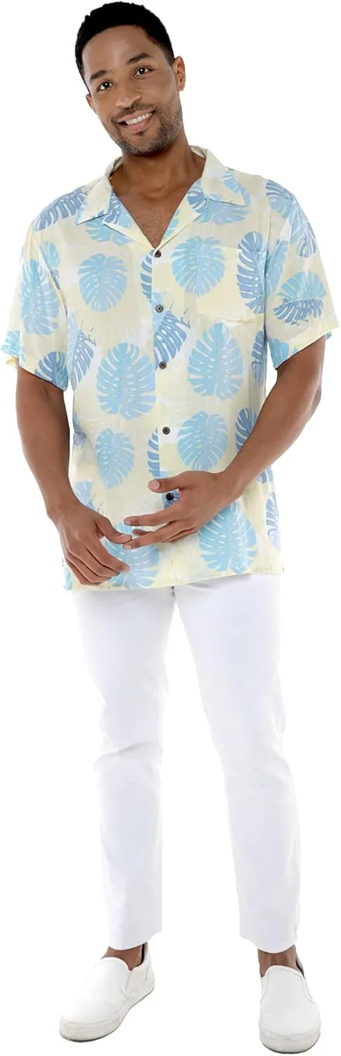 Matchable Couple Hawaiian Luau Shirt or V-Neck Jumpsuit with Pockets in Pacific Palm Cream
