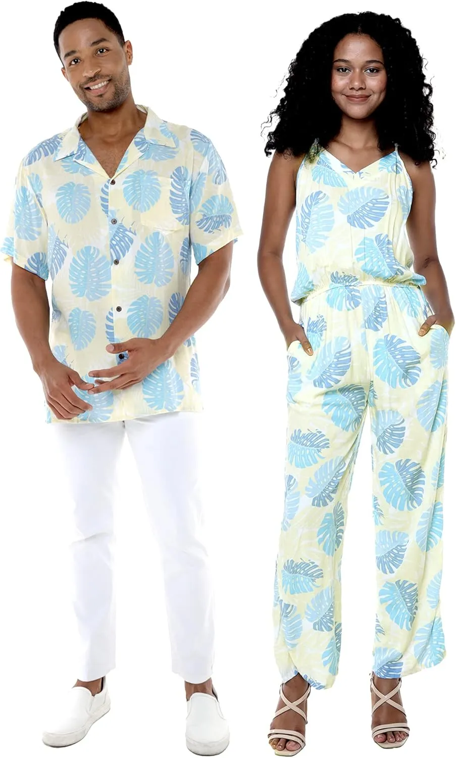 Matchable Couple Hawaiian Luau Shirt or V-Neck Jumpsuit with Pockets in Pacific Palm Cream