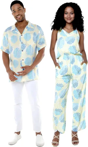 Matchable Couple Hawaiian Luau Shirt or V-Neck Jumpsuit with Pockets in Pacific Palm Cream