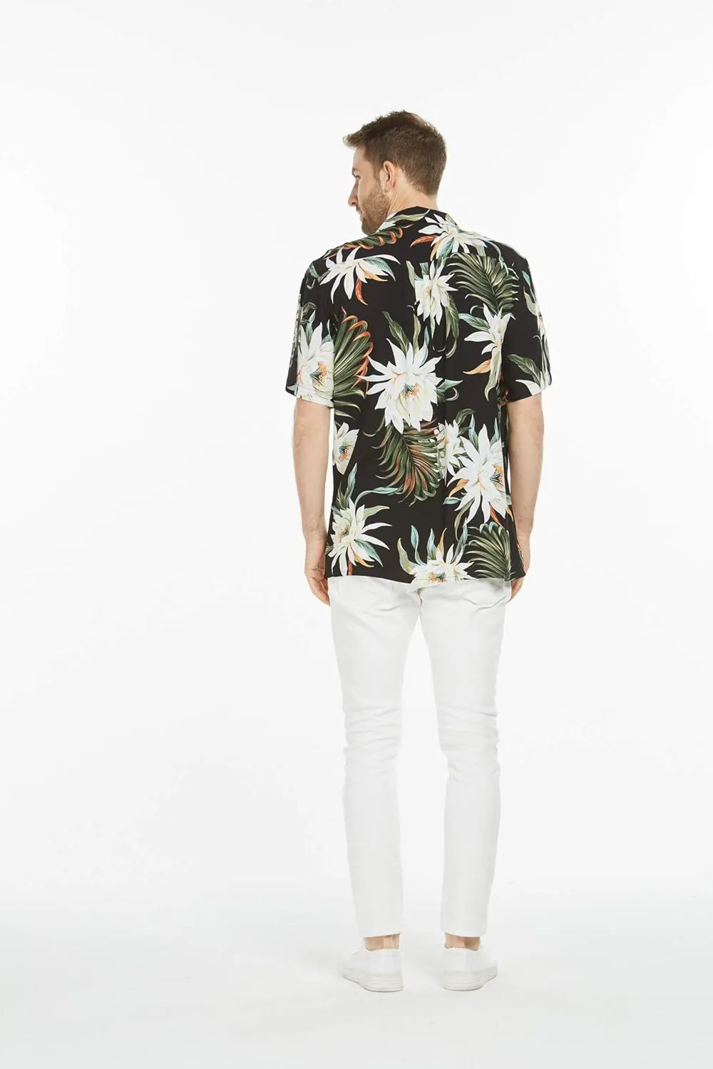 Matchable Couple Hawaiian Luau Shirt or V-Neck Jumpsuit with Pockets in Wispy Cereus Black