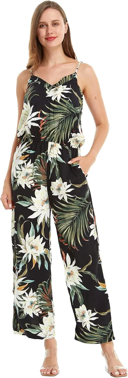 Matchable Couple Hawaiian Luau Shirt or V-Neck Jumpsuit with Pockets in Wispy Cereus Black